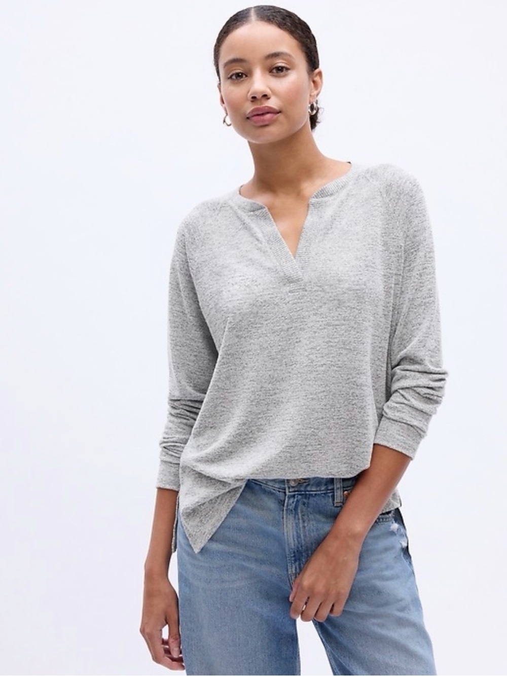 NWT GAP Softspun Split Neck Tunic Long Sleeve Top Gray Small